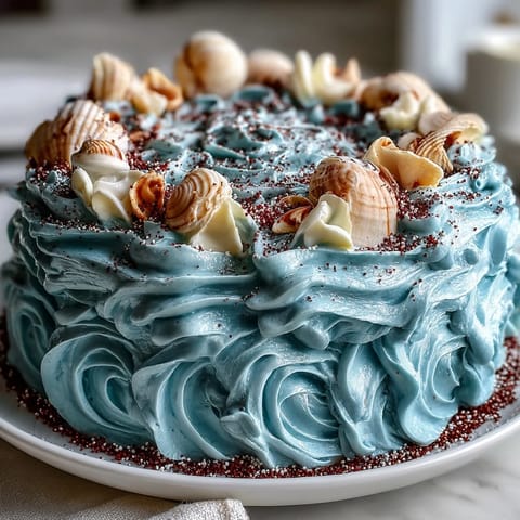 Ocean blue Cancer zodiac cake adorned with shimmering edible shells and waves.