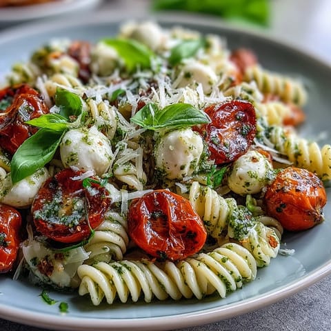 Vibrant Caprese Pasta Salad bursting with tomatoes, mozzarella pearls, and fresh pesto.