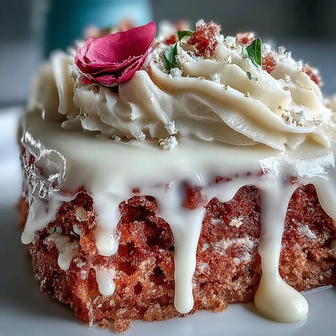 Pink rosé velvet cake, glistening with gold, ready for celebration.