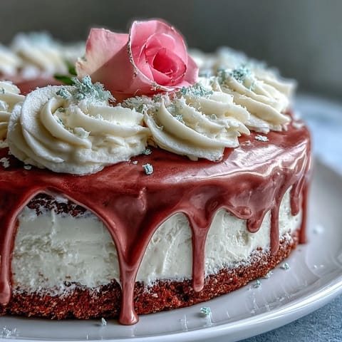 Elegant Bridal Shower Rosé Velvet Cake with shimmering gold drip.
