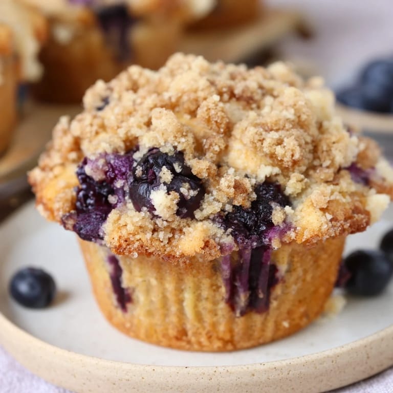 Image: Close-up of homemade blueberry muffins, showing juicy berries and a buttery crumble topping.