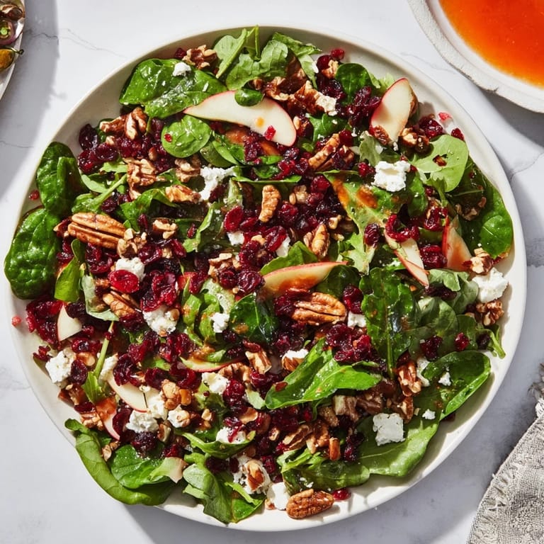 Tossed Seasonal Cranberry and Walnut Celebration Salad, featuring crunchy walnuts and tangy orange vinaigrette.