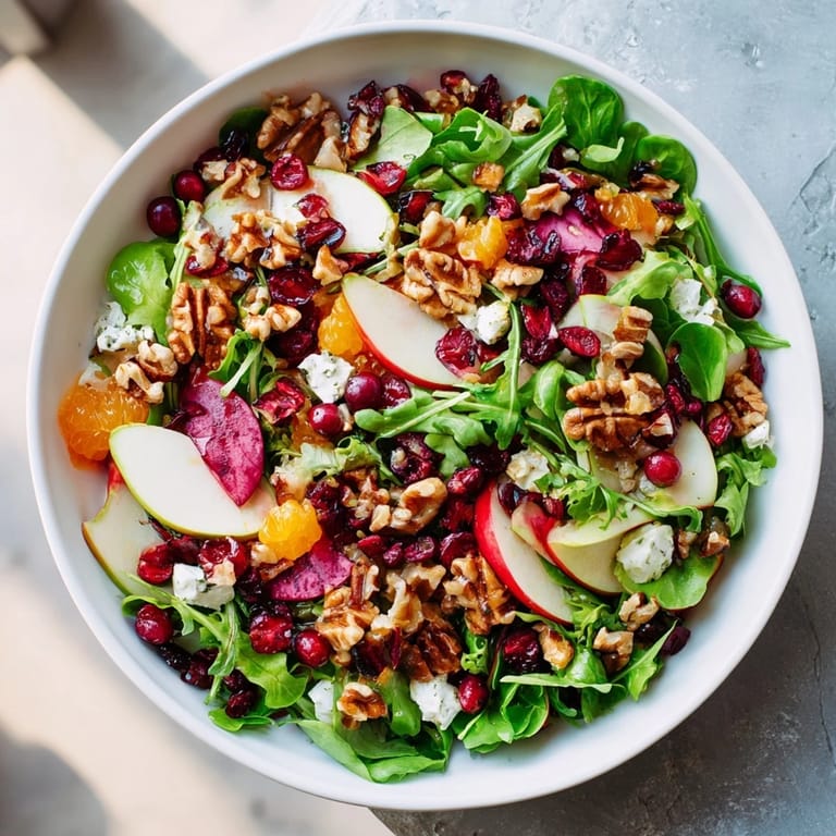 A beautiful bowl of Seasonal Cranberry and Walnut Celebration Salad, ready to serve and enjoy.