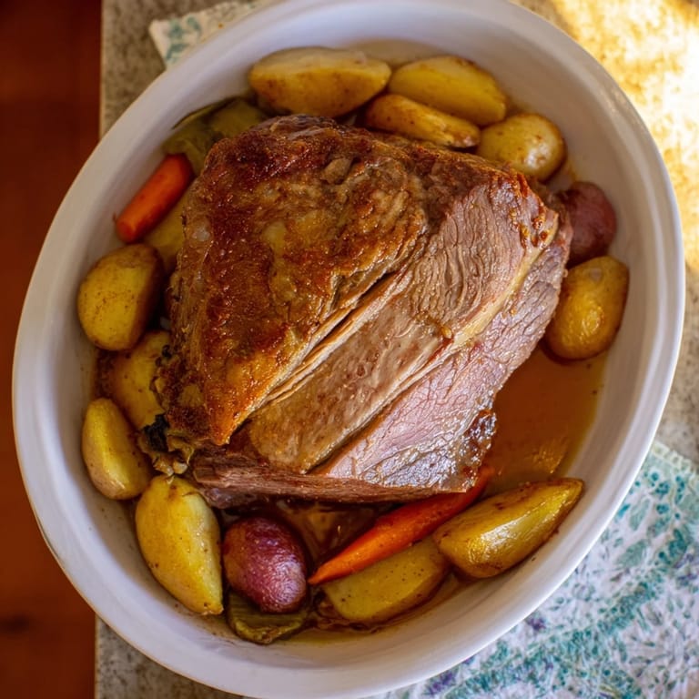 Tender, juicy pieces of Slow-Roasted Beef Pot Roast showcasing the fall-apart texture with fresh herbs.