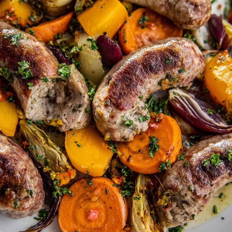 Juicy Italian sausage with tender autumn vegetables in this easy, flavorful Hearty Sheet Pan Sausage medley.