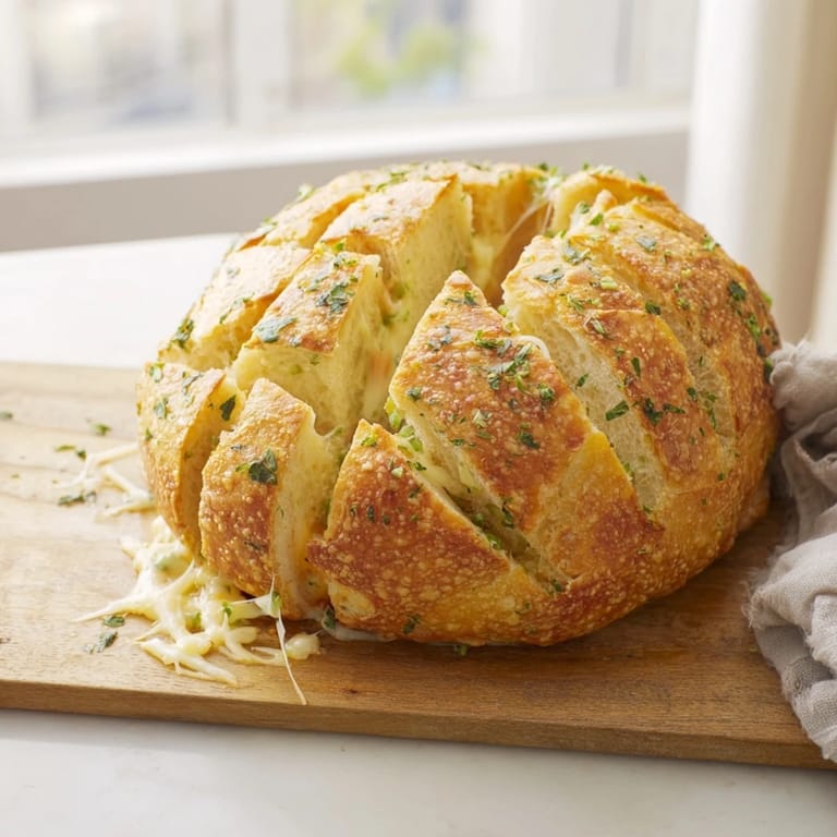 Tempting view of a golden brown Cheesy Garlic Pull-Apart Bread, loaded with melted, stringy cheese.
