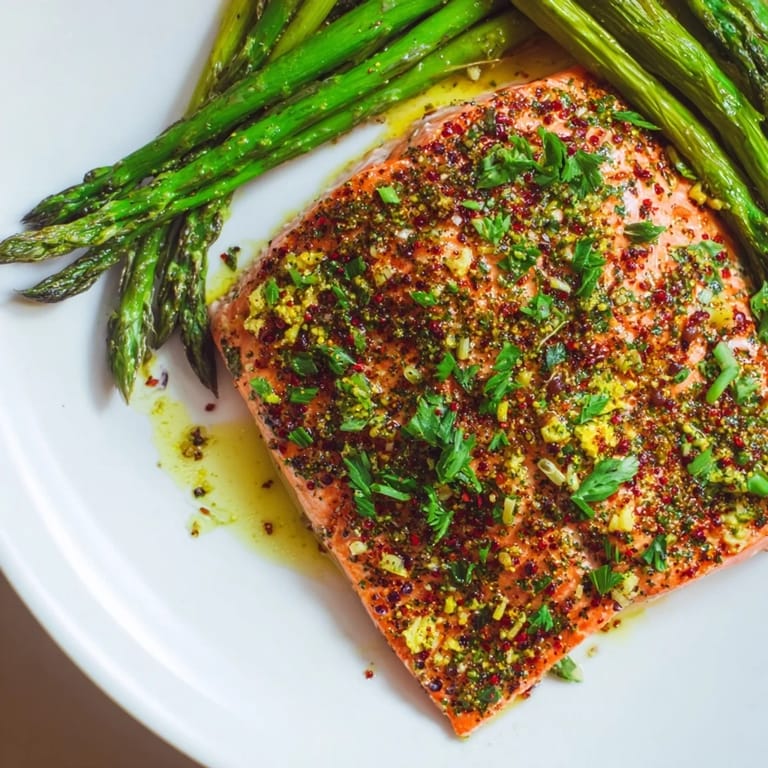 Succulent herb-crusted salmon, alongside bright green asparagus, making a flavorful and easy recipe.