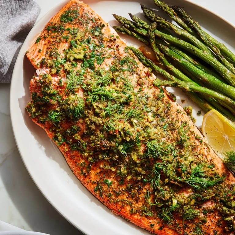 Flaky, oven-baked herb-crusted salmon, complemented by tender asparagus, perfect for a cozy meal.