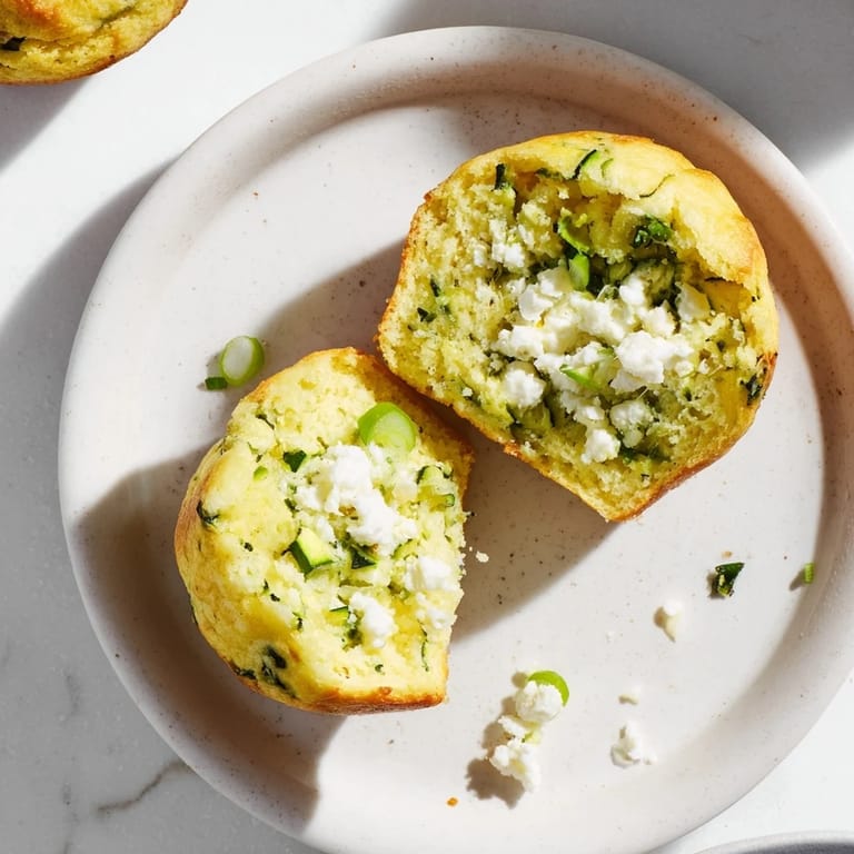 Freshly baked, fluffy Savory Zucchini and Feta Muffins, speckled with feta and herbs—a delicious lunchtime treat.