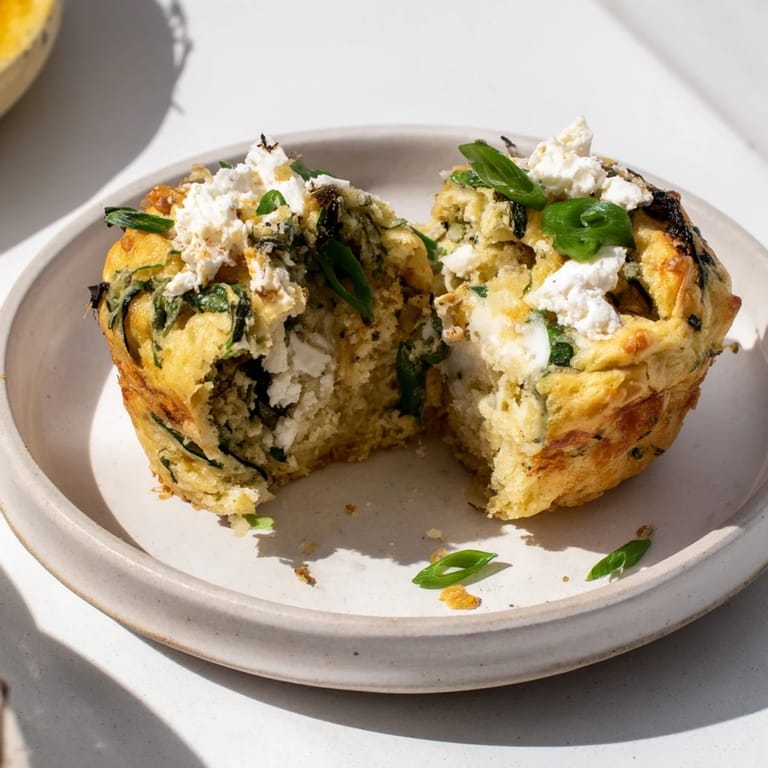 Close-up of a warm Savory Zucchini and Feta Muffin; imagine the tangy feta with fresh zucchini.