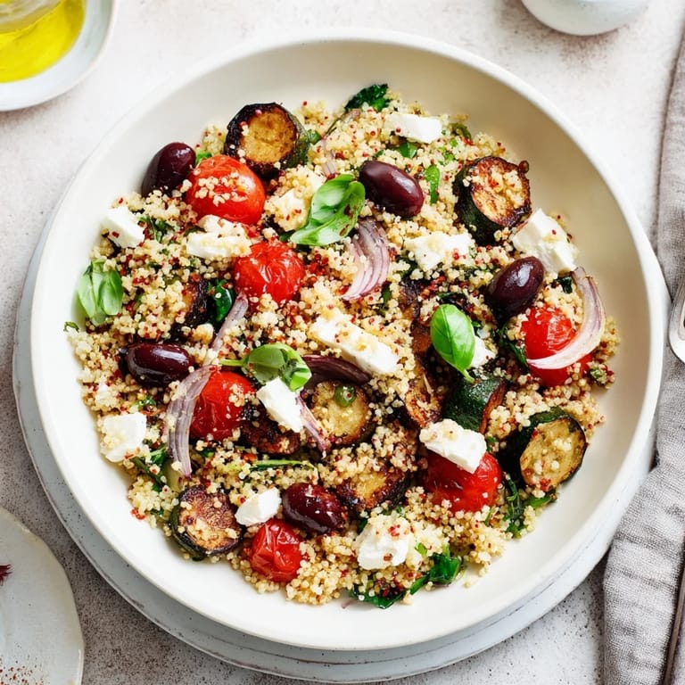 Enjoy a delicious Mediterranean Grain Bowl with crispy chickpeas, creamy feta, and vibrant tomatoes.