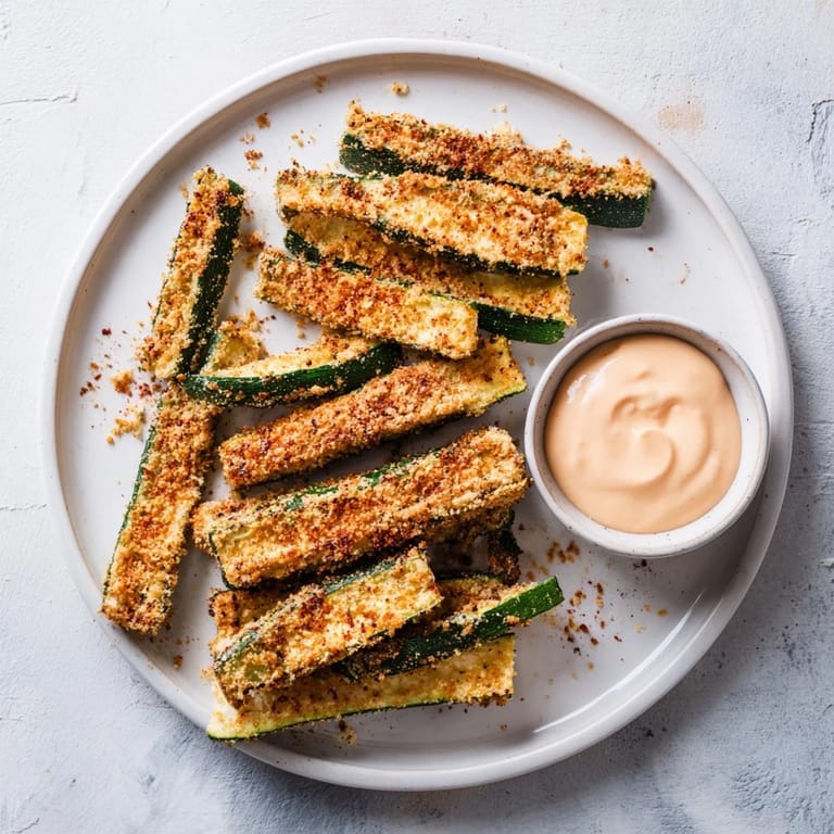 Close-up of baked Parmesan zucchini fries; the crispy texture is easily imagined.
