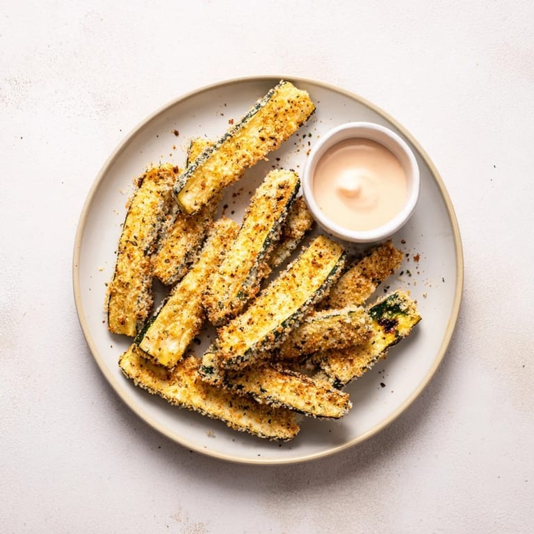 Freshly made Parmesan zucchini fries served hot with dipping sauce, smelling delicious and savory.