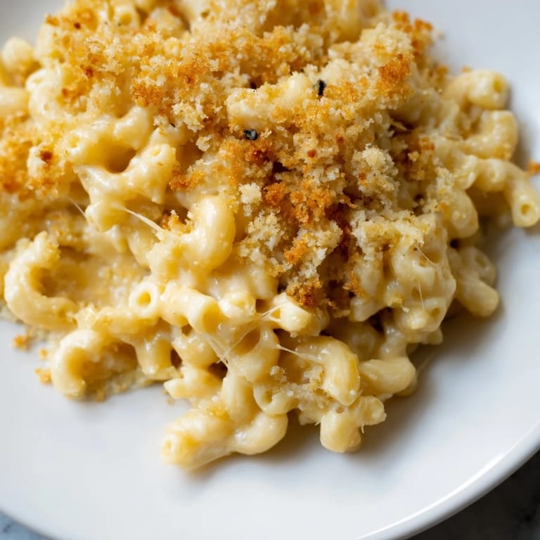 A generous dish of homemade macaroni and cheese, boasting a crispy, golden breadcrumb topping.