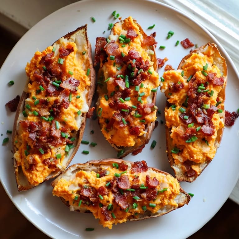 Savory loaded sweet potato skins are a delightful appetizer, garnished with fresh chives, ready to eat.