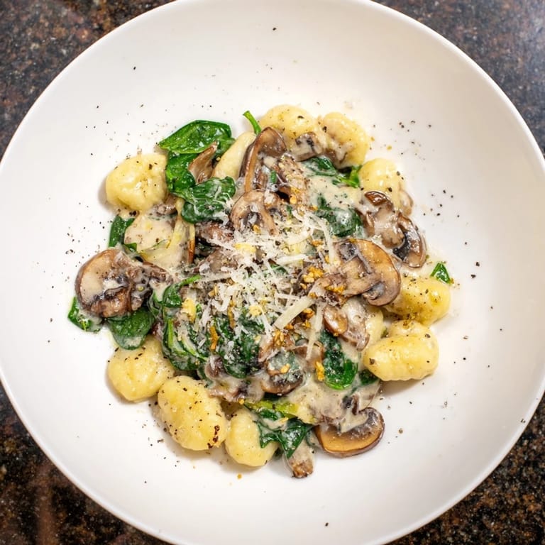 Steaming hot, delicious One-Dish Mushroom and Spinach Gnocchi features tender mushrooms and fresh spinach.