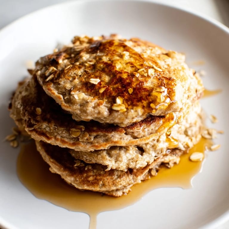 Close-up of perfectly cooked banana oat pancakes, showcasing their soft texture ready to be enjoyed.