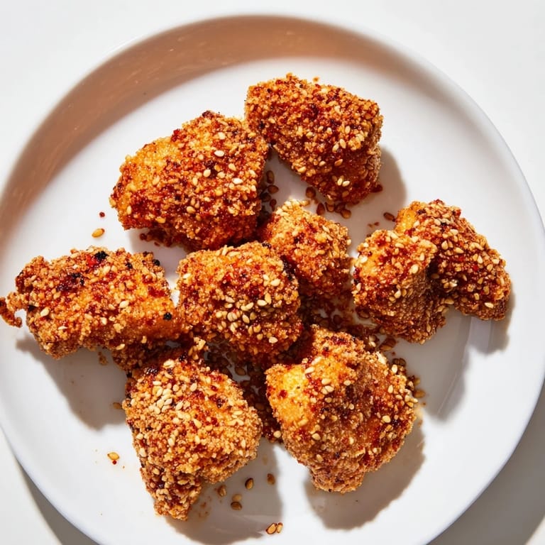 Appetizing Spicy Yogurt Chicken Bites, coated in sesame seeds, ready to be enjoyed as a snack.