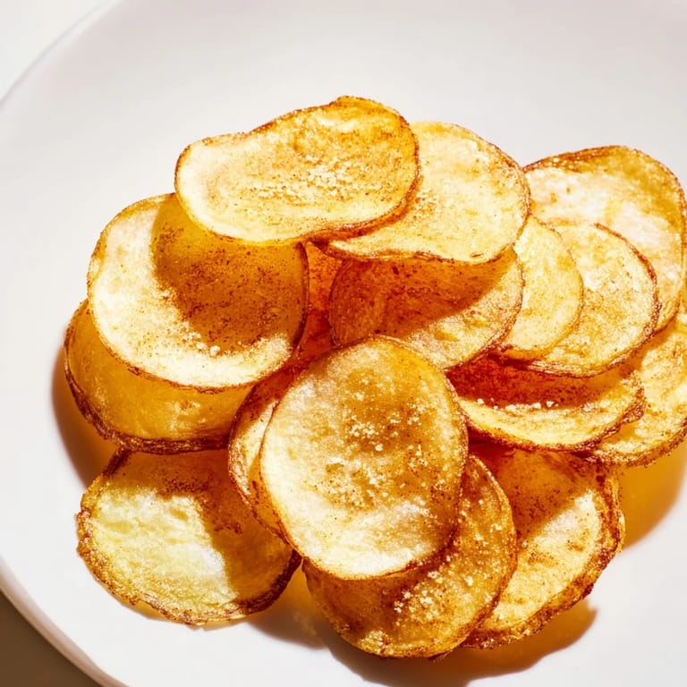 Close-up of freshly made homemade air-fryer potato chips, perfectly seasoned and satisfyingly crunchy.
