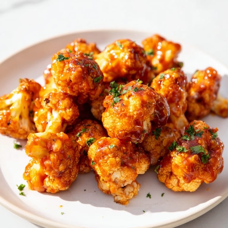 Baking sheet of perfectly sauced Sriracha-Buffalo Cauliflower Bites with optional fresh herbs and dipping sauce.