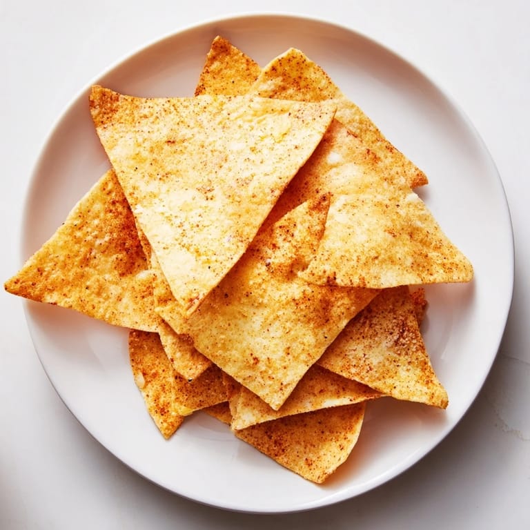 A close-up of irresistibly crunchy Air-Fryer Tortilla Chips, seasoned and ready for dipping and enjoying.