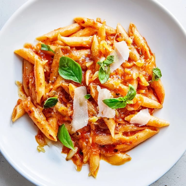 Golden-hued basil garlic one-pot creamy tomato pasta, perfectly plated, inviting and aromatic.