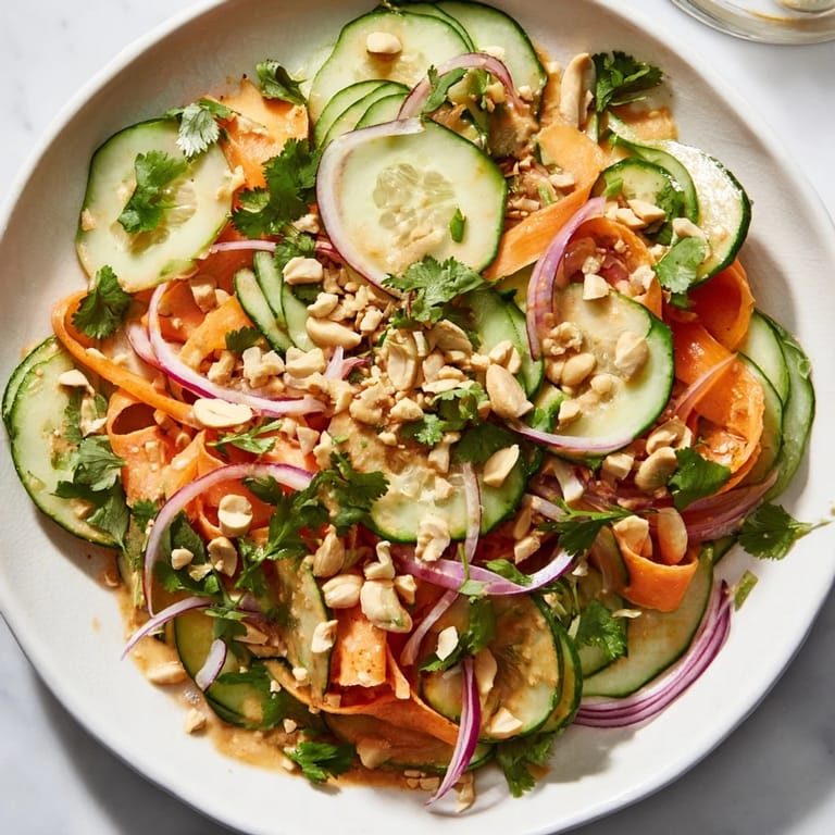 Tempting view of a colorful bowl of Thai-Style Peanut Cucumber Salad, perfect for a light vegetarian lunch.