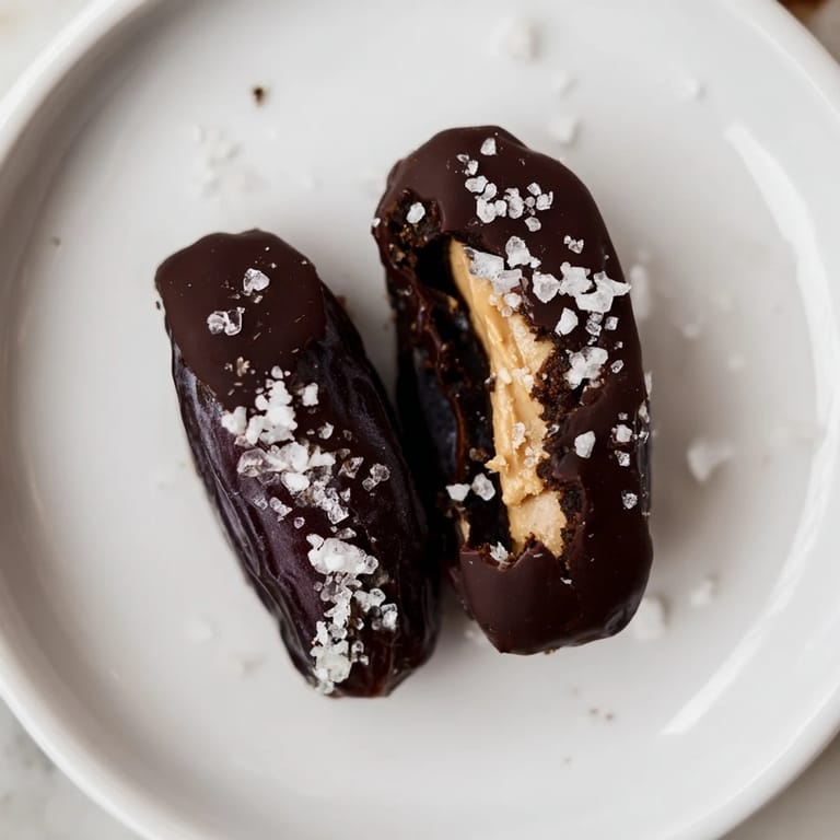 Dark chocolate-covered Chocolate Peanut Butter Dates, studded with sea salt, offering a perfect sweet and salty bite.