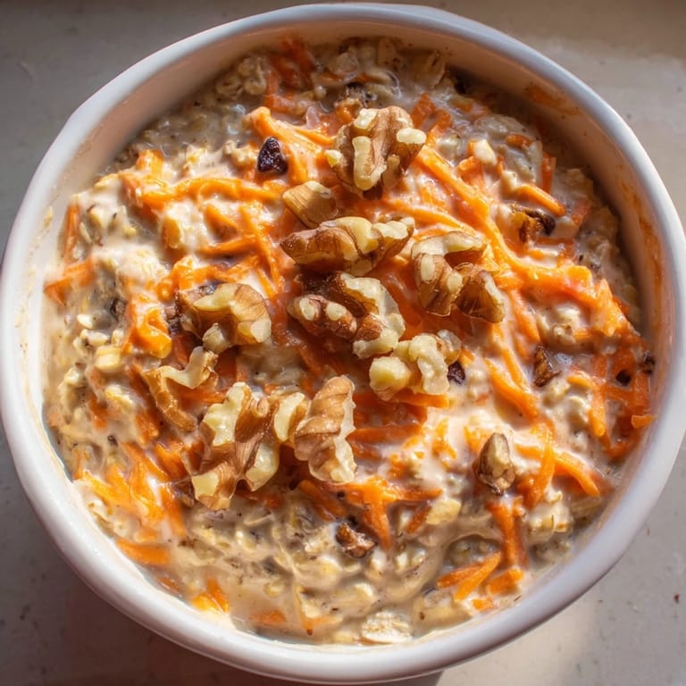 A jar of Carrot Cake Overnight Oats, showing layers of oats, carrots, and sweet spices.