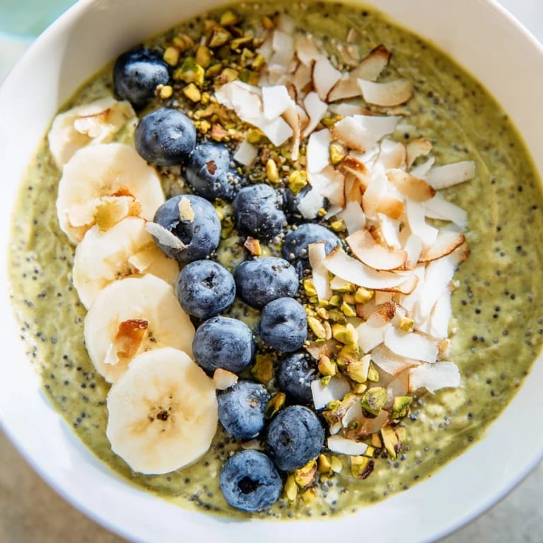 Vibrant matcha overnight oats in a jar, showcasing a creamy texture and tempting toppings like toasted coconut.