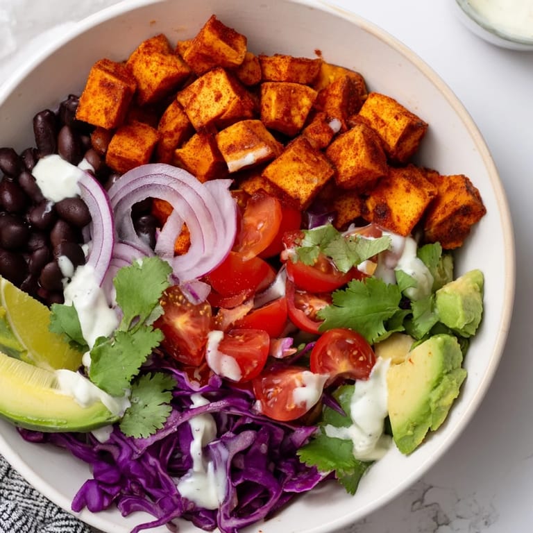 Flavorful vegan Sweet Potato Taco Bowl, bursting with textures and easy to make at home.