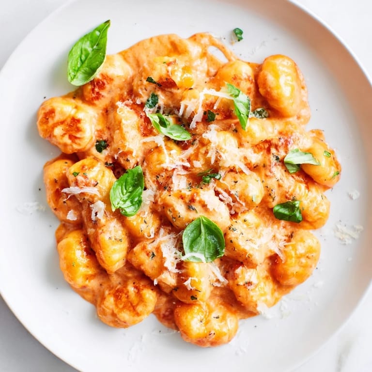 Close-up of Creamy Tomato Gnocchi, showcasing pillowy gnocchi in rich tomato sauce.
