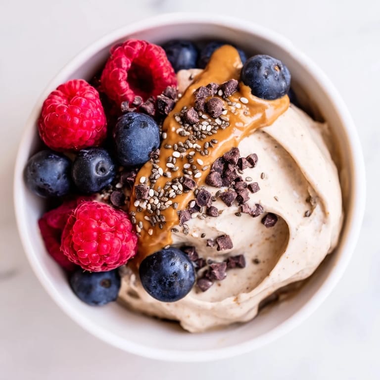 A refreshing Protein Ice Cream Bowl is topped with chocolate chips and nuts for a delicious treat.