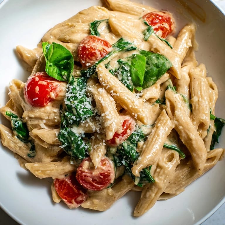 A close-up of the delicious Cottage Cheese High-Protein Creamy Pasta, ready to serve with Parmesan.