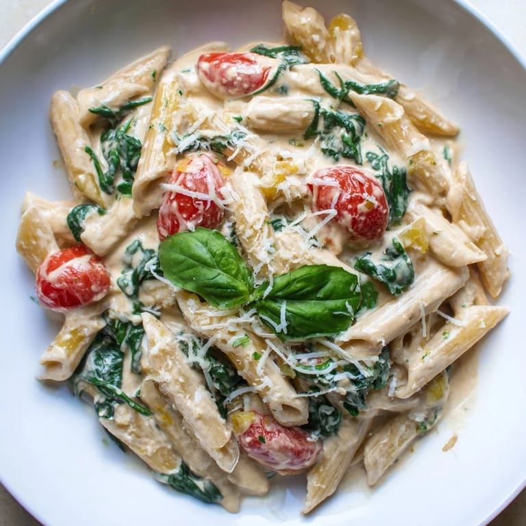 Savory Cottage Cheese High-Protein Pasta with visible tomatoes, a healthy and easy weeknight dinner.