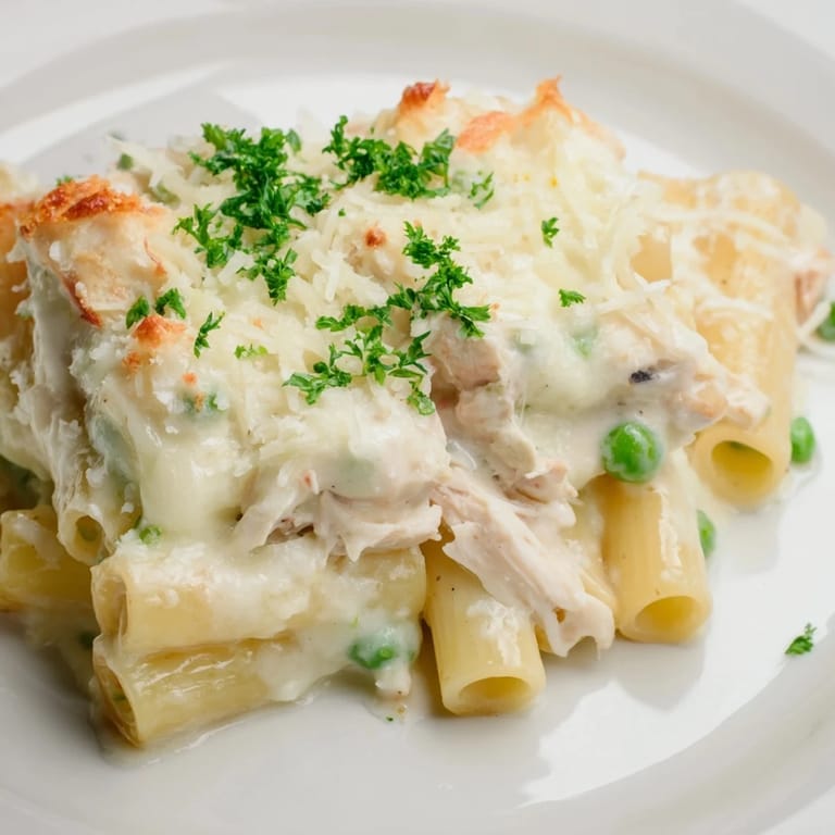 Golden, tender Slow Cooker Chicken Alfredo Pasta Bake with perfectly cooked pasta and melted mozzarella, ready to serve.