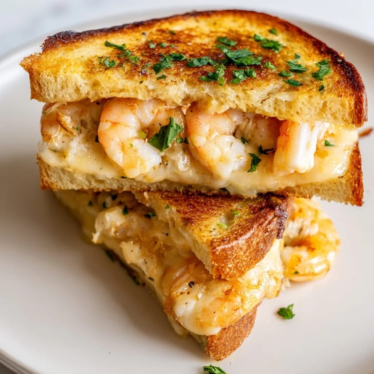 Melted cheddar and mozzarella compliment succulent Quick Shrimp Grilled Cheese sandwiches, ready to devour on a plate.