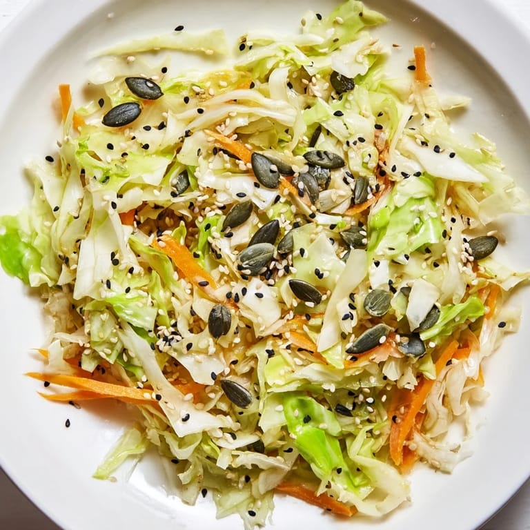 Close-up of Cabbage-Core Slaw Salad; vibrant, shredded cabbage and carrots in a delicious sesame vinaigrette.