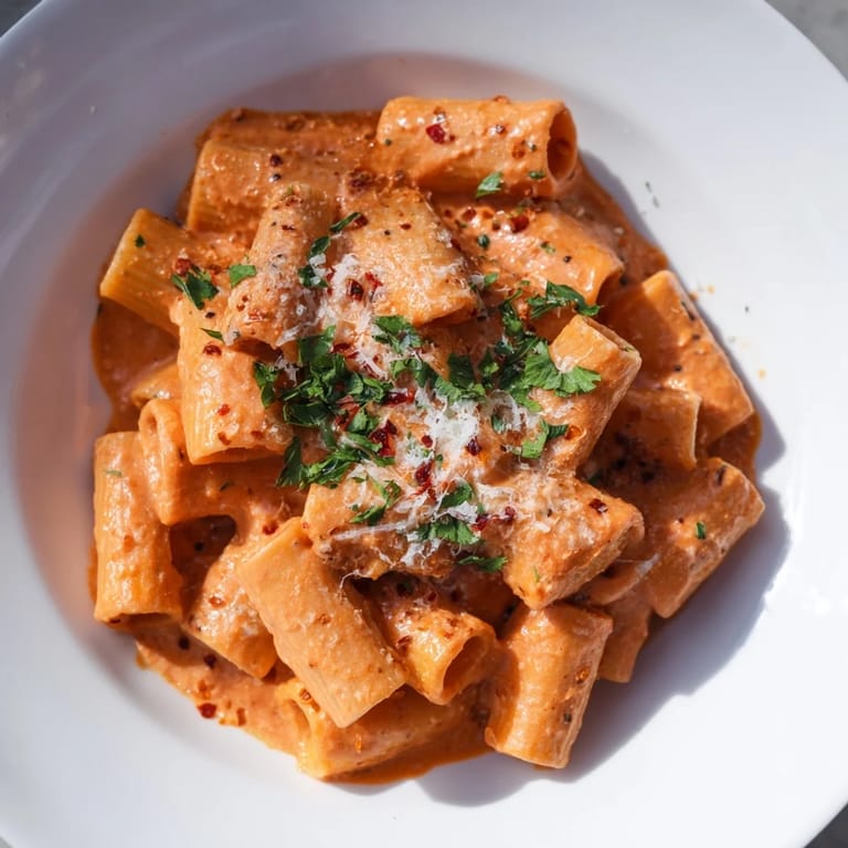 A close-up shot of Gigi Hadid-Style Spicy Rigatoni reveals perfectly cooked pasta in a rich, velvety sauce with parsley.