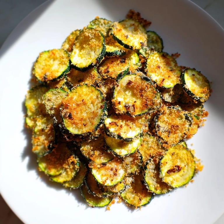 Close-up of crispy, golden zucchini chips, perfect served as a side or snack.