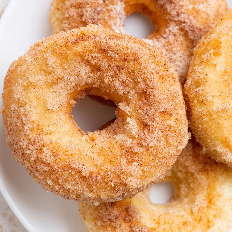 A close-up of a stack of 1-Minute Donuts tossed in cinnamon sugar, the ultimate quick dessert.