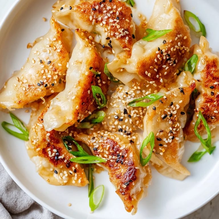 Air Fryer Frozen Dumplings with a glossy sesame oil glaze, garnished with vibrant green onions, ready to be enjoyed.