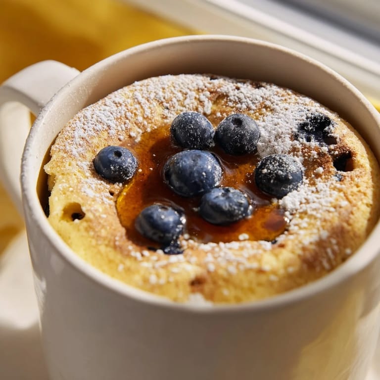 A close-up of a perfectly cooked microwave mug pancake, perfect for a quick breakfast.