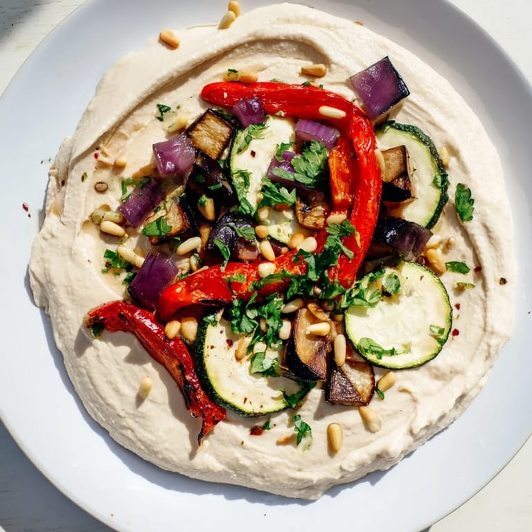 Golden, toasted pine nuts crown the vibrant Hummus Roasted Veggies, promising a flavorful bite for serving.