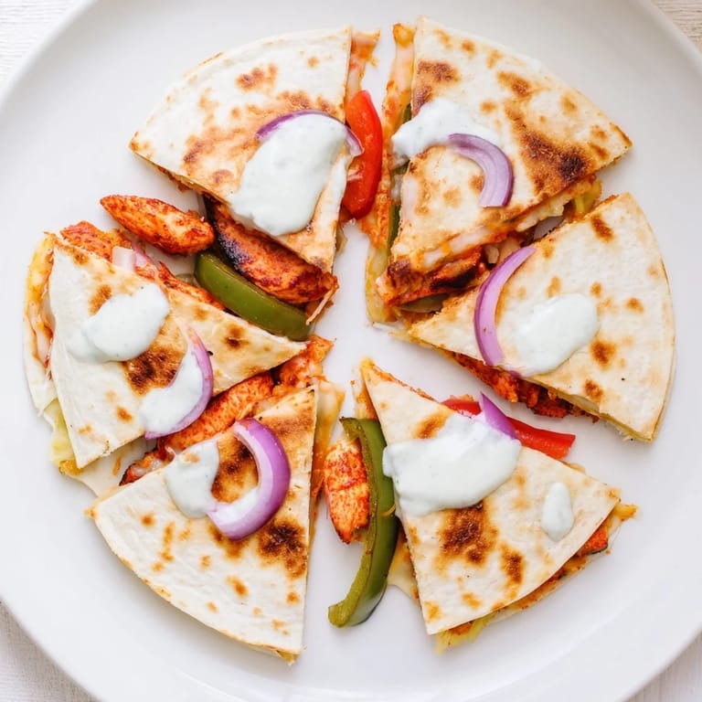 A delicious, cut-open view reveals a perfect tandoori chicken quesadilla with visible cheese, chicken, and colorful peppers.