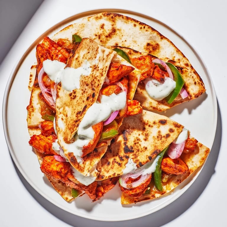 Imagine a close-up of a sizzling tandoori chicken quesadilla with crispy tortilla edges and a creamy yogurt sauce drizzle.