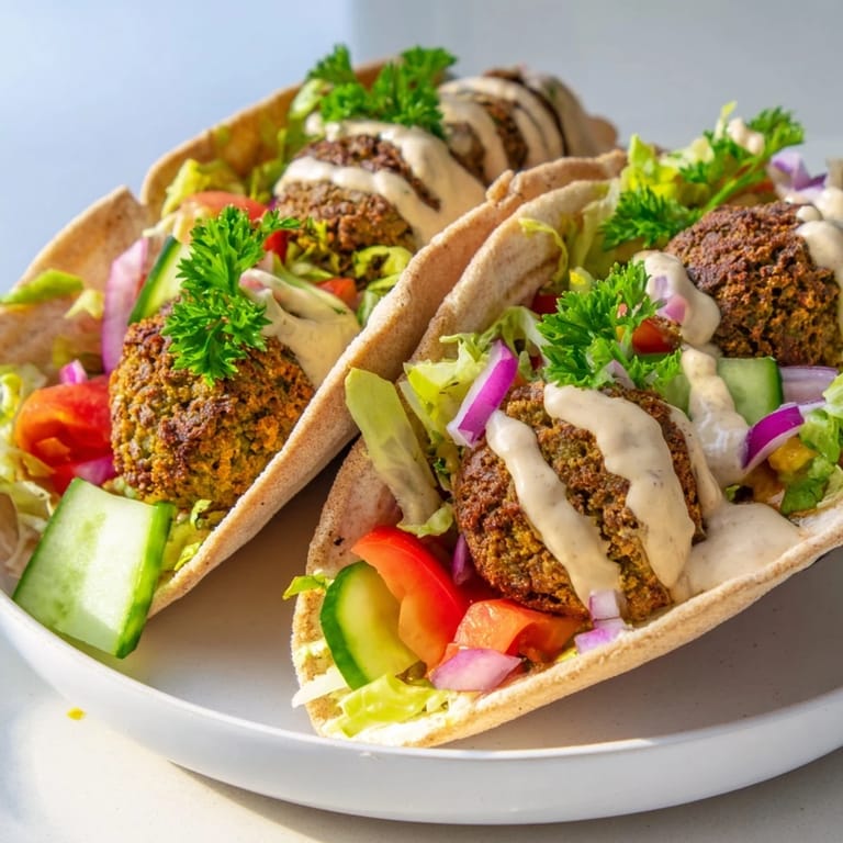 Close-up of a fully-loaded falafel pita pocket, with warm pita and a drizzle of rich, flavorful tahini sauce.