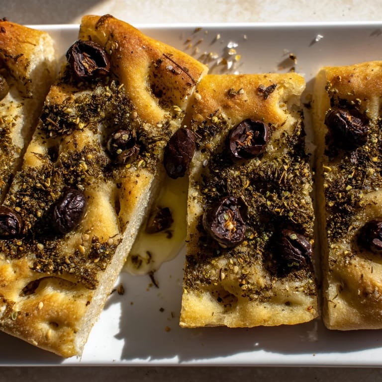 Warm, toasted slice of Zaatar Olive Focaccia, showing a soft, airy crumb with savory flavors.