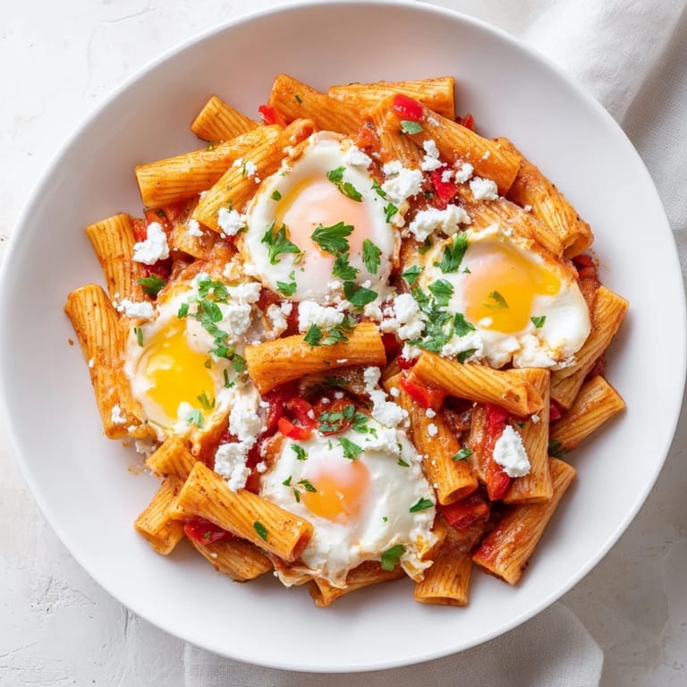 This Shakshuka Baked Pasta shows a warm, bubbly baked dish with melted cheese and fresh herbs on top.