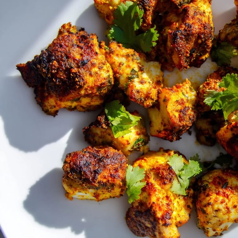 A close-up of juicy, oven-roasted Indian Tikka Spiced Chicken with a crispy, charred edge ready to serve.  